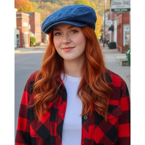 Vintage Denim Newsboy Cap Made in USA M | 70s Baker Boy Hat - Picture 1 of 9